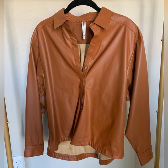 Anthropologie Faux Leather Blouse in Tan - Picture 1 of 8